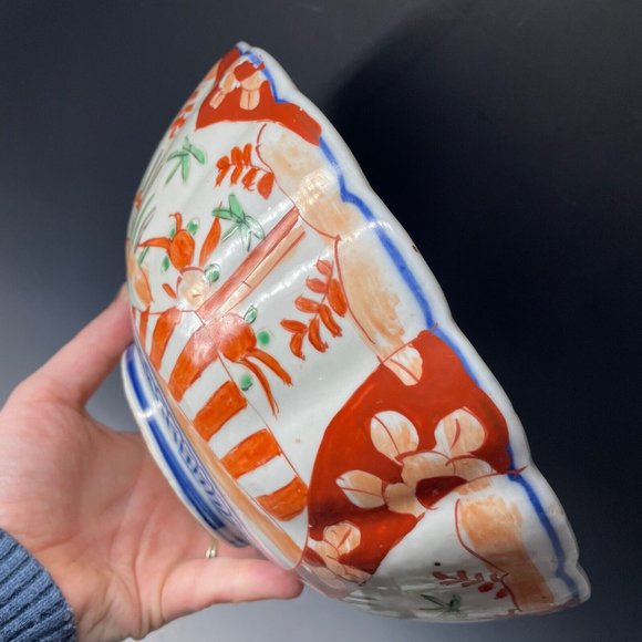 Antique 19th C. Meiji Era Japanese Porcelain Imari Bowl Scalloped Hand Painted - Picture 8 of 16